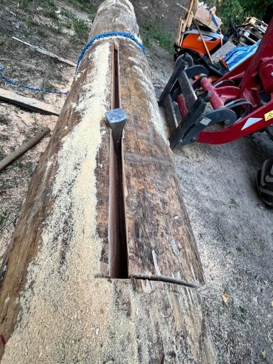 Ein dicker Baumstamm mit einer langen Kerbe, umgeben von Holzspänen und Maschinen.